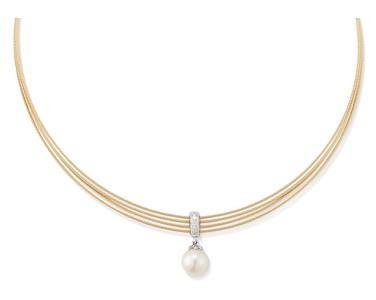 Pearl pendant on a multi-strand gold necklace