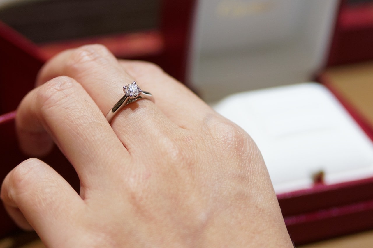Close-up image of a hand wearing a solitaire diamond ring on the middle finger
