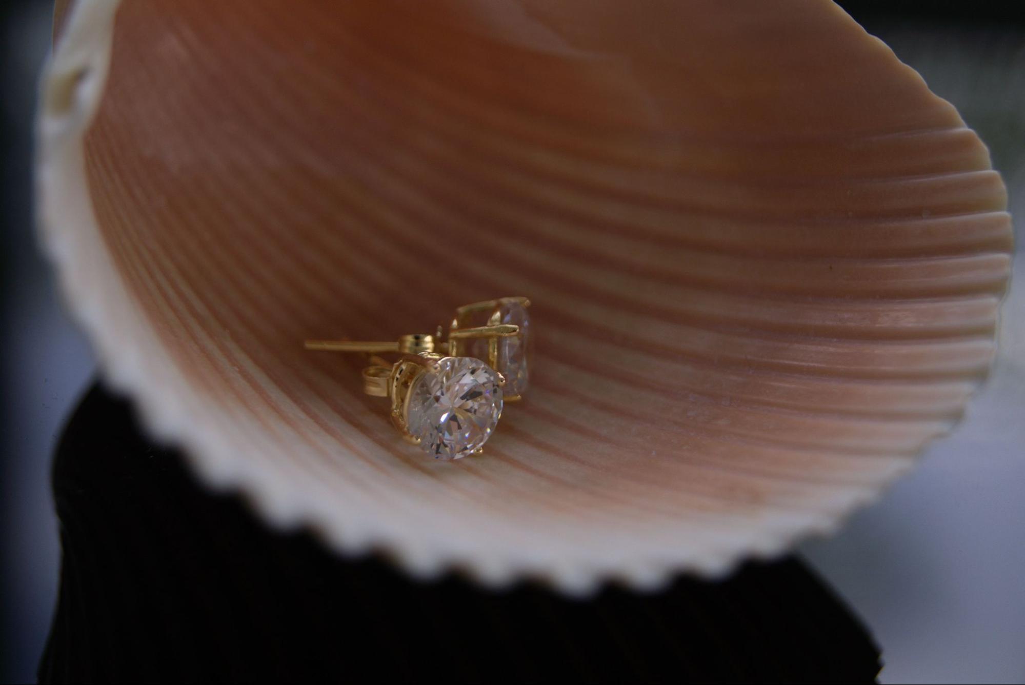 Pair of diamond stud earrings sitting in a hollow sea shell