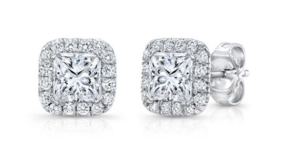 Princess cut diamond stud earrings in a silver halo setting