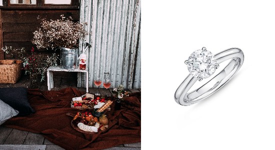 image of an indoor fall picnic next to a white gold solitaire engagement ring