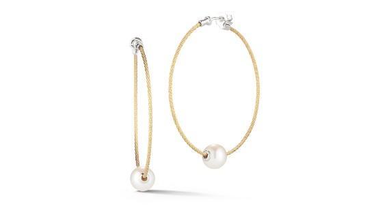 A pair of ALOR yellow gold hoop earrings with pearls, available at Weston Jewelers.