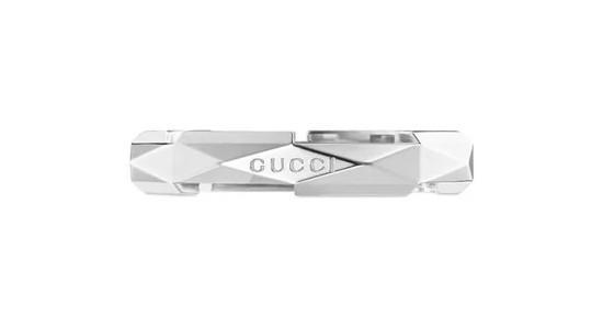 A white gold Gucci ring with sculptural details, available at Weston Jewelers.