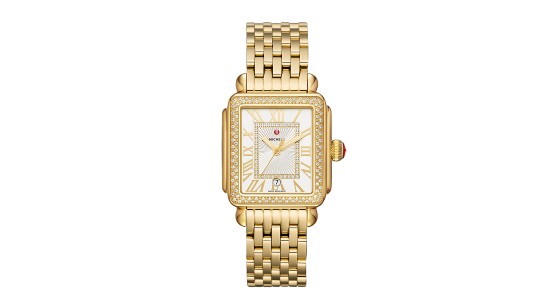 a yellow gold Art Deco inspired watch by Michele with diamond accents