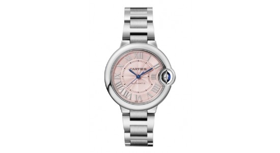 a silver toned Cartier watch with a pink dial with blue hands