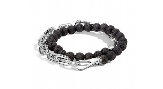 a layered bracelet by John Hardy featuring silver links and volcanic beads