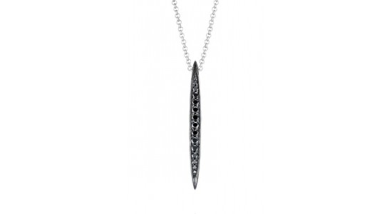 a necklace featuring a surfboard shaped pendant lined with black diamonds