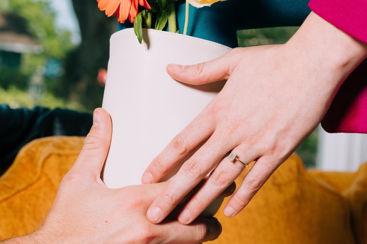 two pairs of hands passing a flower pot, one hand adorned with an engagement ring