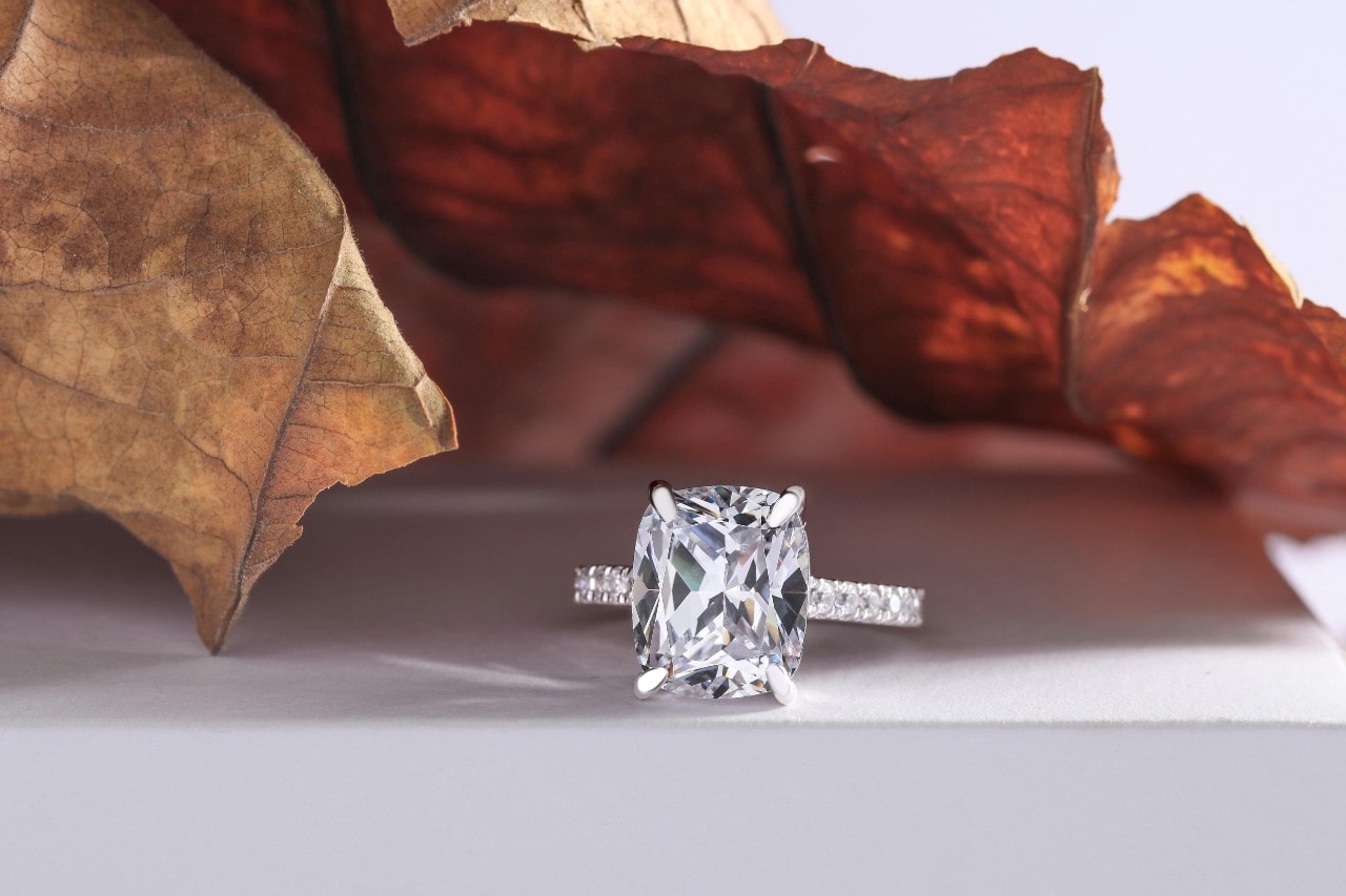 a side stone engagement ring sitting under brown leaves