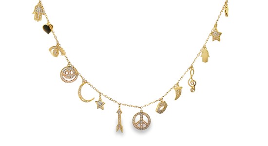 A distinctive yellow gold necklace with diamond studded charms, available at Weston Jewelers.