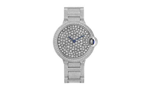 An opulent, diamond-encrusted Ballon Bleu de Cartier watch, available at Weston Jewelers.