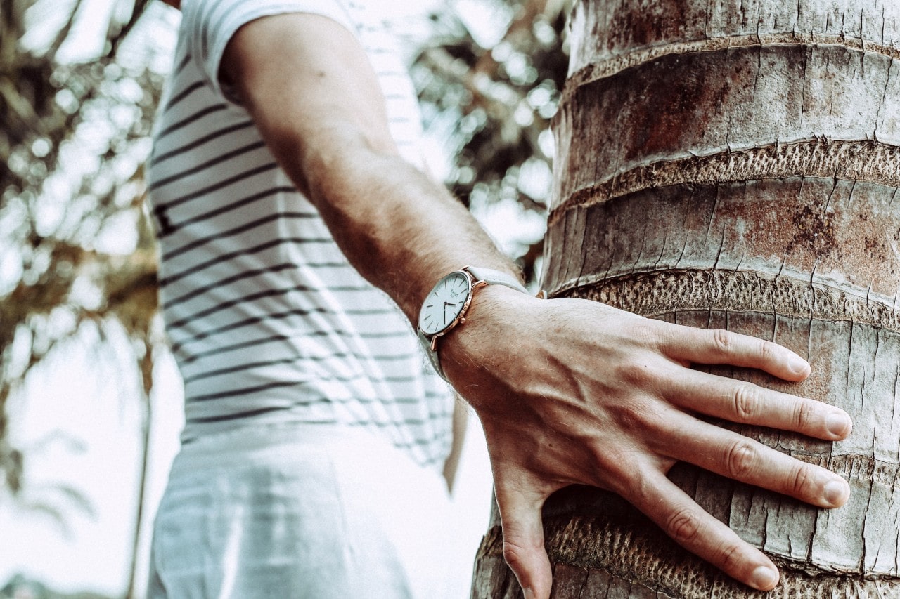 A man in a striped shirt leans against a palm tree, showcasing a classic wristwatch with a white face and brown leather strap.