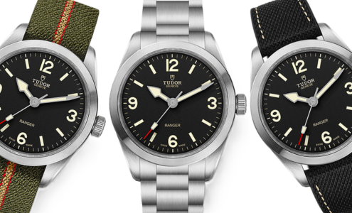 A close-up of three TUDOR Ranger watches, two with fabric straps, available at Weston Jewelers.