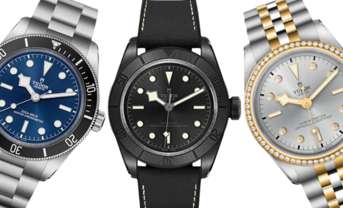 A close-up of three TUDOR Black Bay watches, one each from the Black Bay, 58, and One collections, available at Weston Jewelers.