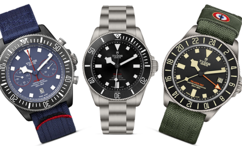 A close-up of three TUDOR Pelagos watches, two with fabric straps, available at Weston Jewelers.