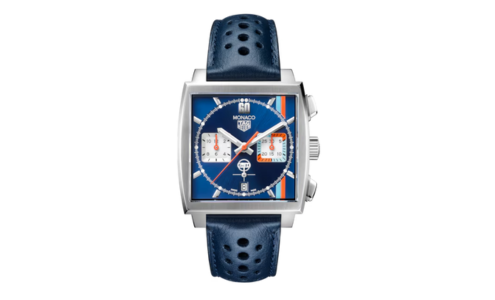 A colorful TAG Heuer Monaco watch, available at Weston Jewelers.