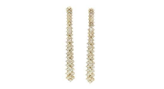 a pair of yellow gold and diamond chandelier earrings
