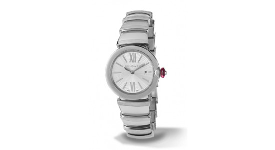 a white gold watch by Bvlgari with a distinctive strap and a red pusher
