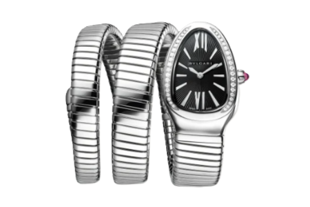 An avant-garde Bvlgari watch with an extraordinary band, available at Weston Jewelers.