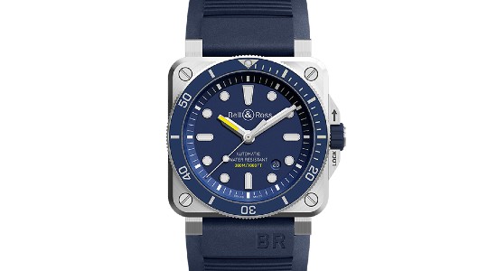 a blue and silver watch with a rubber strap by Bell & Ross