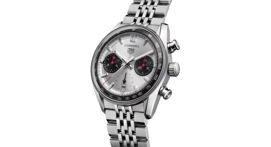 a silver and black chronograph watch by TAG Heuer