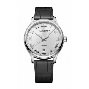 A Chopard watch features a black leather strap.